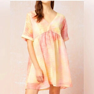 Entro Pink Lemon Yellow Tie Dye Mini Relaxed Fit Dress Beach Cover Up Size L